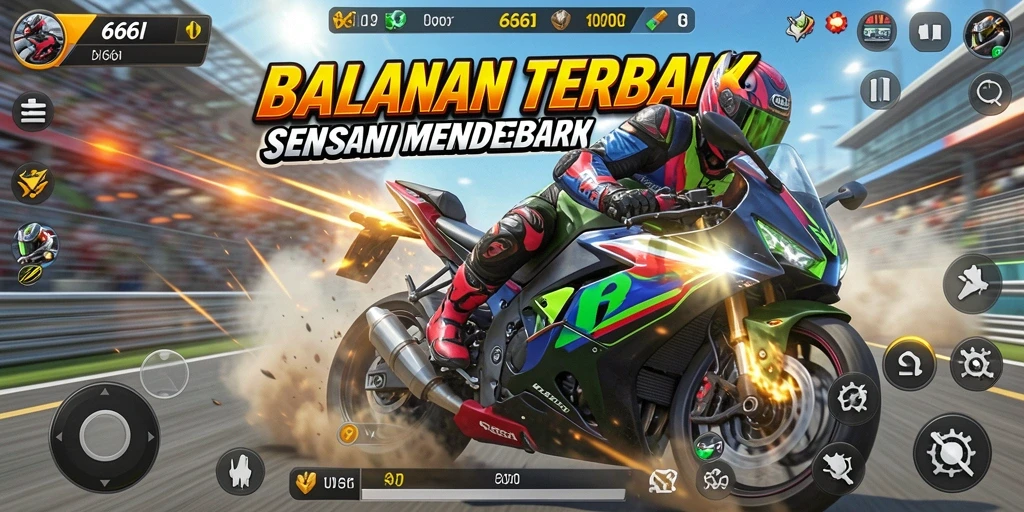Tampilan gameplay 666I dengan aksi balapan motor yang intens.
