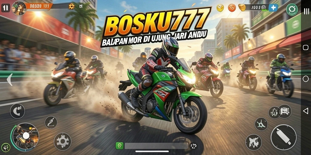 Tampilan gameplay menegangkan dari BOSKU777 saat balapan motor di lintasan.