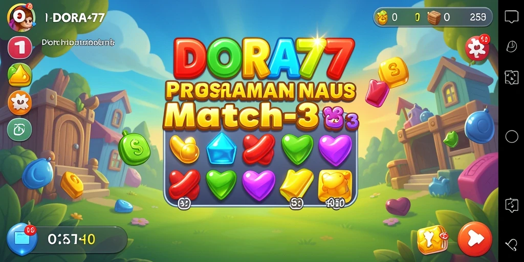 Tangkapan layar DORA77 menampilkan gameplay Match-3 yang seru dan penuh warna.