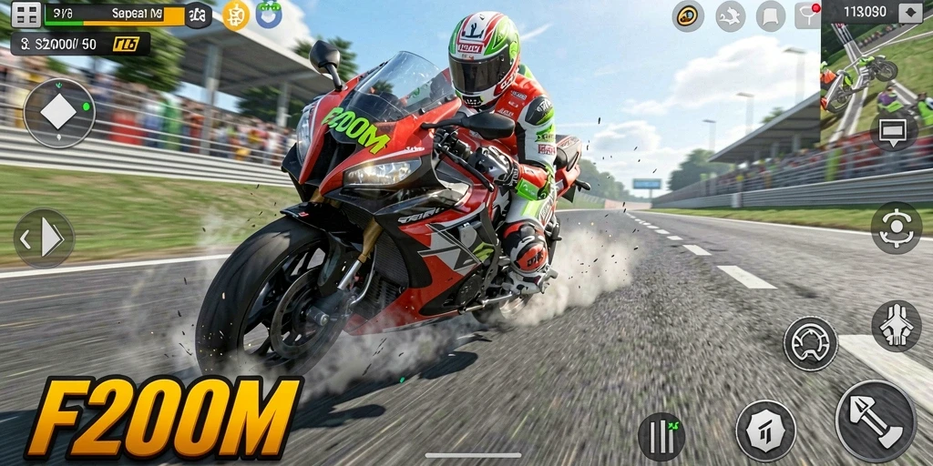 Tampilan gameplay F200M yang mendebarkan dalam balapan motor.