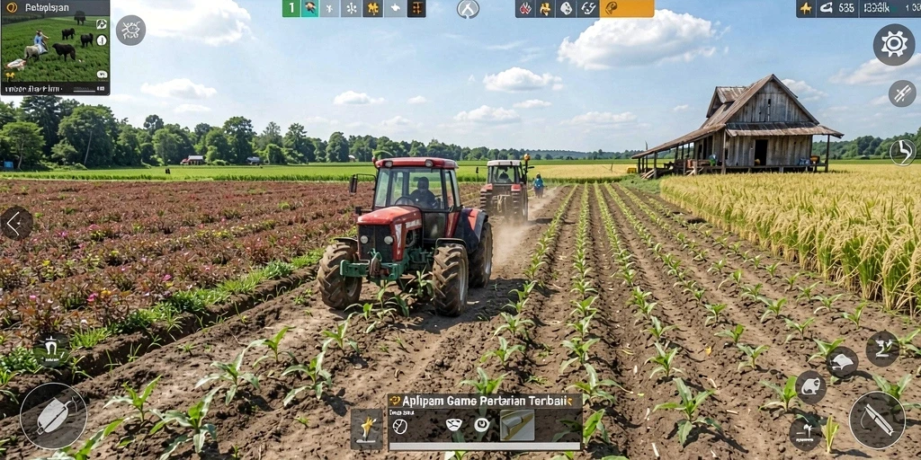 Tampilan screenshot F32 menunjukkan lahan pertanian yang subur dan interaksi sosial.
