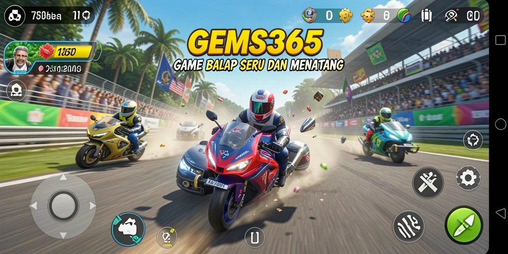 Tampilan gameplay seru dari GEMS365 menampilkan balapan yang mendebarkan.