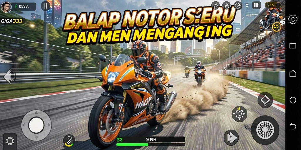 Screenshot gameplay GIGA33 menampilkan serunya balapan motor di trek menantang.