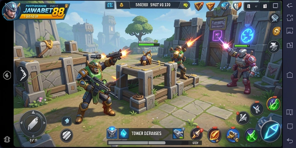 Tangkapan layar gameplay JAWABET88 menampilkan menara yang berstrategi melawan gelombang musuh.