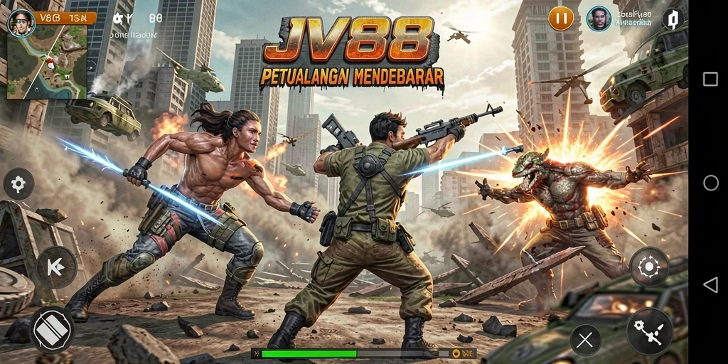 Screenshot gameplay JV88 menampilkan aksi menegangkan dan pertarungan epik.