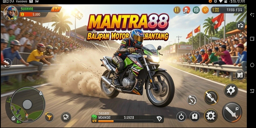 Screenshot gameplay MANTRA88 menampilkan aksi balapan motor yang intens.