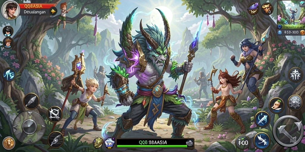 Tangkapan layar gameplay <strong>QQ88ASIA</strong> menunjukkan pertempuran epik dalam dunia fantasi.