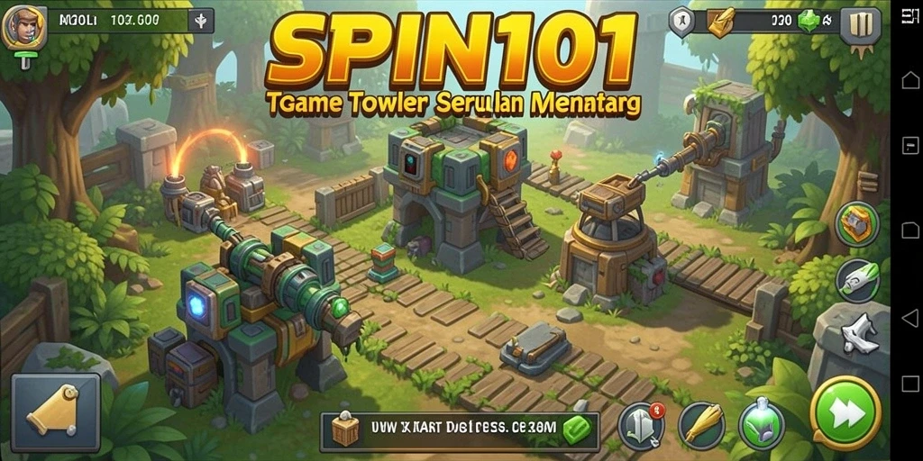 Tampilan gameplay SPIN101 menampilkan pertahanan menara yang dinamis.